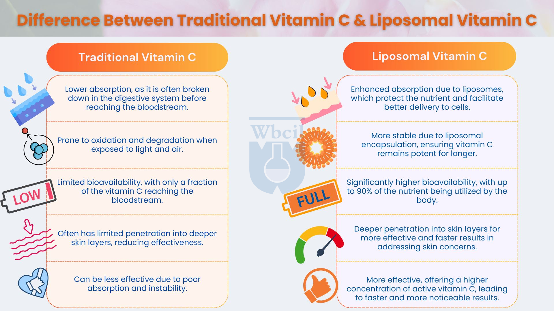 comparison image between liposomal vitamin C and traditional vitamin C
